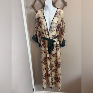 Silk & Satin Cream Floral Maxi Kimono Robe Green Trim OS